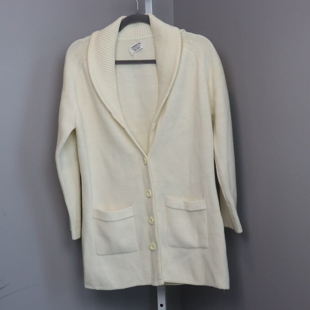 Vintage‎ Ivory Shawl Collar Cardigan | 100% Acrylic | Hong Kong | Pockets | M/L